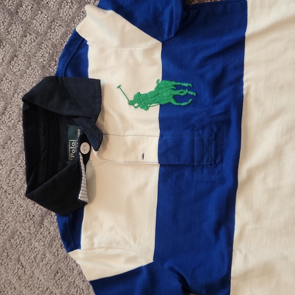 Blue and white striped Polo
